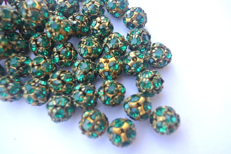 6pcs Vintage SWAROVSKI BEADS crystal ball 8mm, green rhinestones in brass setting image 1