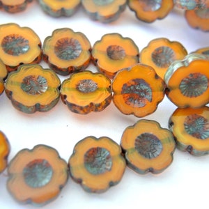 6 Flowers glass beads, hibiscus, Hawaiian flowers  14mm, Czech flower artisian beads deep yellow shade high quality