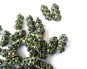 SWAROVSKI  beads, antique vintage 2 beads  green crystals in metal setting 15mmx7mm