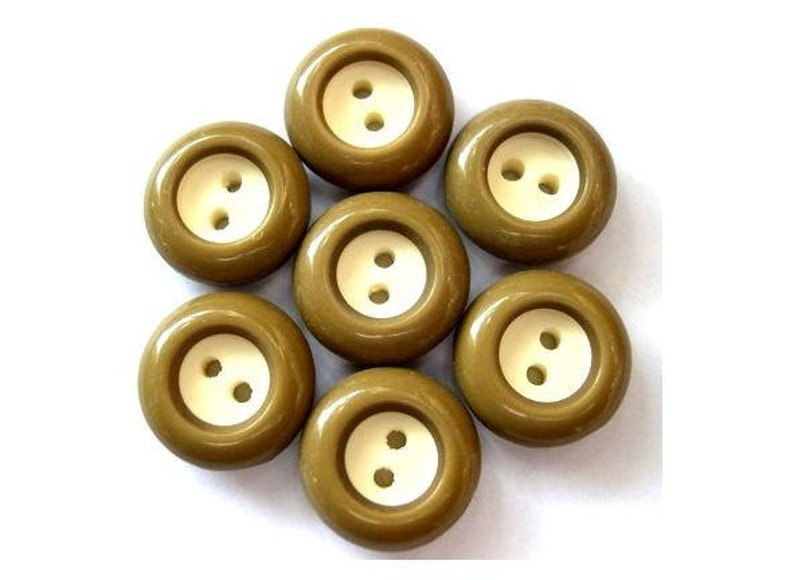 6 Vintage buttons olive green plastic with white center 17mm, high quality image 1