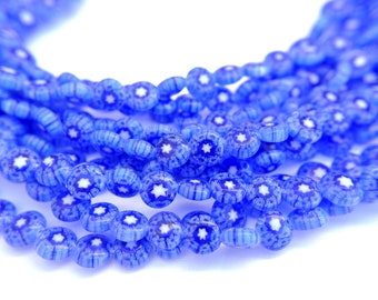Millefiori Glass beads, 8mmx4mm, flower design, about 55 beads, 1 strand, blue with white