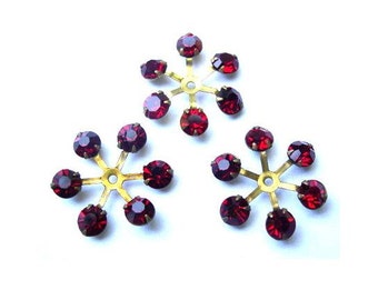 6 Vintage SWAROVSKI beads brass setting flower with red shade rhinestone crystals 17mm