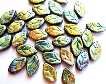 20 Czech glass beads, leaf shape,  leaves 13mmx8mm, blue green