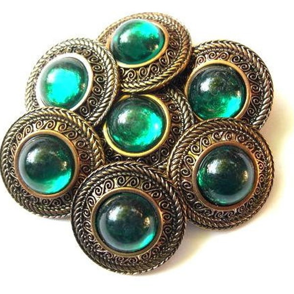 6 Vintage buttons, plastic button jewel with green rhinestone, suitable for button jewelry, 26mm