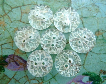 10 Vintage antique glass buttons ,clear glass flower ornament,  transparent , 14mm