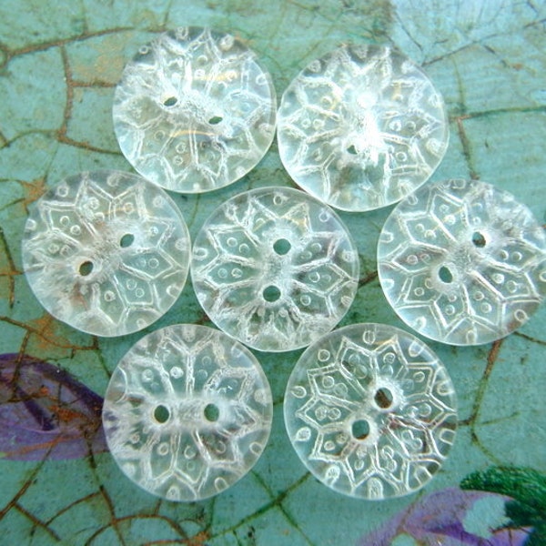 10 Vintage antique glass buttons ,clear glass flower ornament,  transparent , 14mm