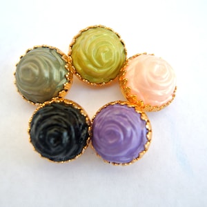 10 Vintage rose flower buttons, 5 colors with gold base-select color, size, quantitiy