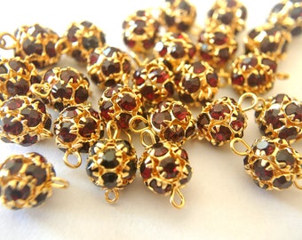 6pcs Vintage Swarovski Crystal Beads: Red & Gold Plated, 10mm Rare Ball Beads