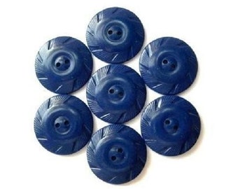 60 Vintage buttons, blue plastic with ornament, 27mm
