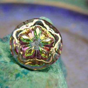 Glass button, green with golden trim flower hand painted jewel button BOHEMIAN BUTTON 23mm, Czech handmade