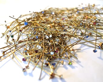 MIX lot of vintage Swarovski brass headpins with crystals, assorted colors and sizes, jewelry making findings-select quantity