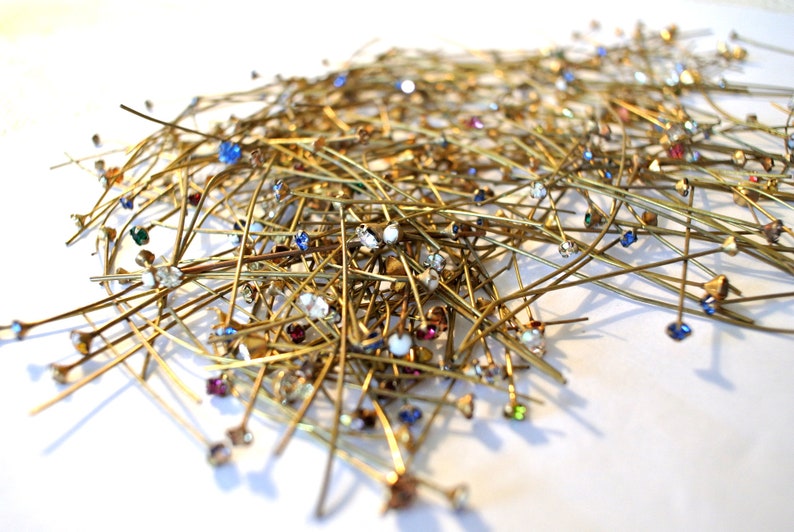 MIX lot of vintage Swarovski brass headpins with crystals, assorted colors and sizes, jewelry making findings-select quantity image 1