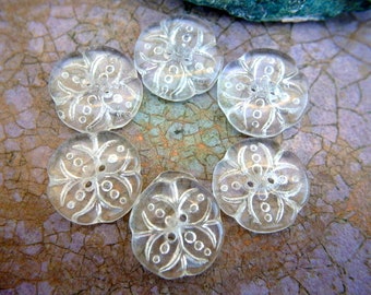 6 Antique vintage glass buttons, four petal flower shape