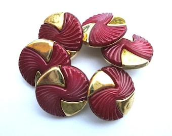 6 Antique vintage plastic buttons, dark red with gold color, RARE