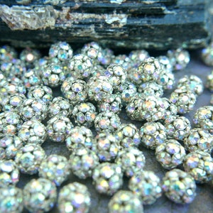 Vintage Swarovski crystal ball beads, 8mm, AB rhinestones  in brass setting- RARE-select quantity