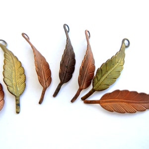 6 Vintage metal dangling beads leaf shape 35mmx9mm width