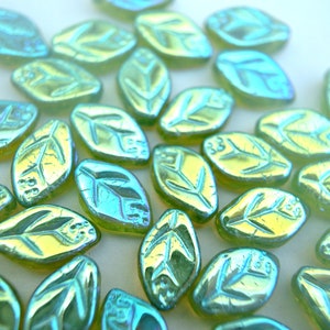 20 Czech glass beads, leaf shape,  leaves 12mmx8mm, green, assorted colors