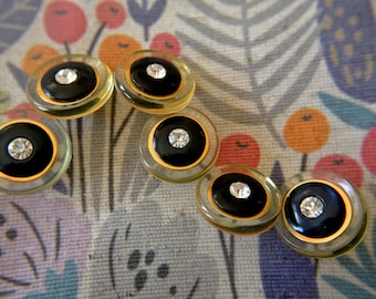 6 Vintage Plastic Shank Buttons: Black, Gold, Rhinestone Jewel Art