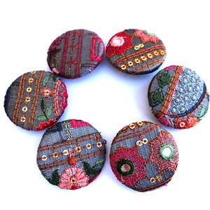 Embroidered Fabric Covered Buttons: Handmade Gray Buttons (Set of 6)