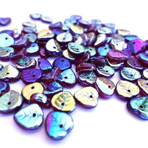 30 Czech glass beads, leaf shape,  leaves 9mmx8mm, metalic shade