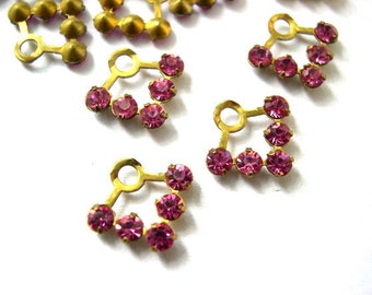 10 Vintage Swarovski fan shape beads crystal rhinestones in pink in brass setting- RARE