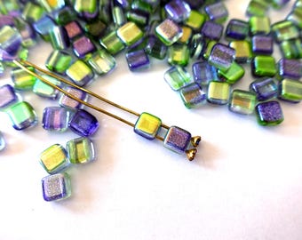 Czech Glass Two-Hole Beads: Green & Purple AB Finish, 6mm (30 Beads)