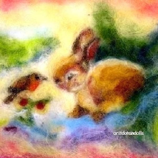 Bunny and bird friendship, SMALL PRINT, childen's art, nursery art, wall decoration, Waldorf education arts, fiber arts