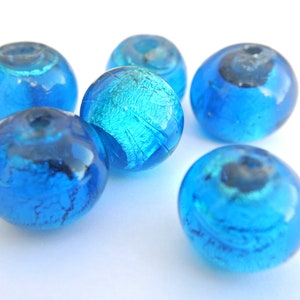 6 Beads, glass foil beads, vintage large glass beads 22mmx20mm, blue beads, HUGE