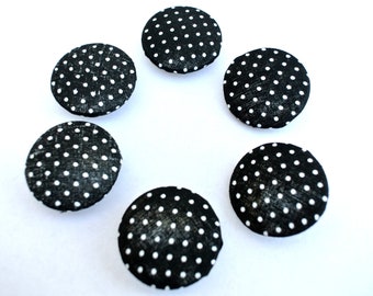 6 Handmade Fabric Buttons: Retro Black & White Polka Dot, 32mm