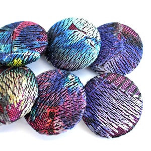 6 Buttons, covered buttons with lace colorful embroidery lace with blue green layer, handmade fabric buttons handmade