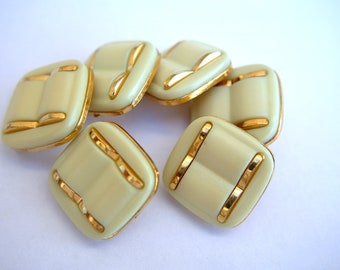 6 Vintage buttons, square Jewel plastic trim button gold color with beige-select size