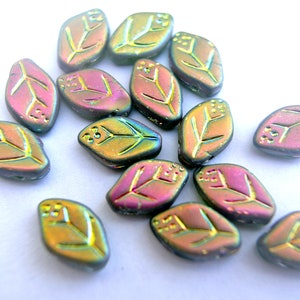 20 Czech glass beads, leaf shape,  leaves 12mmx8mm, green, assorted colors