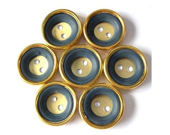 6 Vintage buttons gold color metal with blue plastic circle, 21mm