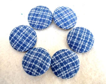 Fabric Buttons: Covered with Blue Plaid Cotton, Retro Style, 6pcs (32mm)
