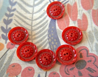 6 Buttons, vintage buttons, flower buttons, casein plastic buttons, red button flowers-select size