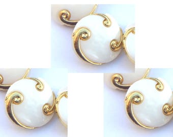 6 Vintage buttons white plastic with gold spiral, retro fashion -choose size