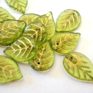 10 Leaves beads, Czech glass beads, green with gold wash leaf 18mmx13mm