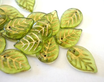 10 Leaves beads, Czech glass beads, green with gold wash leaf 18mmx13mm