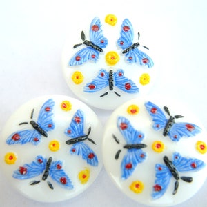 Czech glass button white milk with etched butterflies hand painted in blue jewel button BOHEMIAN BUTTON 27mm, Czech handmade