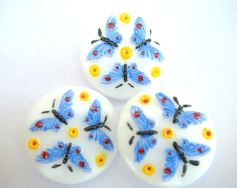 Czech glass button white milk with etched butterflies hand painted in blue jewel button BOHEMIAN BUTTON 27mm, Czech handmade
