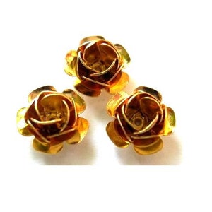 6 Vintage gold metal rose flower beads 11mmX6.5mm height