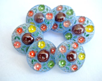 Glass button, jewel button, BOHEMIAN BUTTON flower ornaments blue with few colors