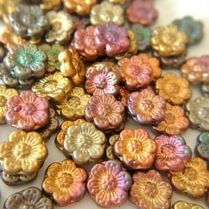 10 Flower beads, Czech glass flower beads metalic shades 13mm