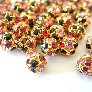 6pcs Vintage Swarovski Crystal Beads: Fuschia, Pink, Black, Gold Plated (10mm)