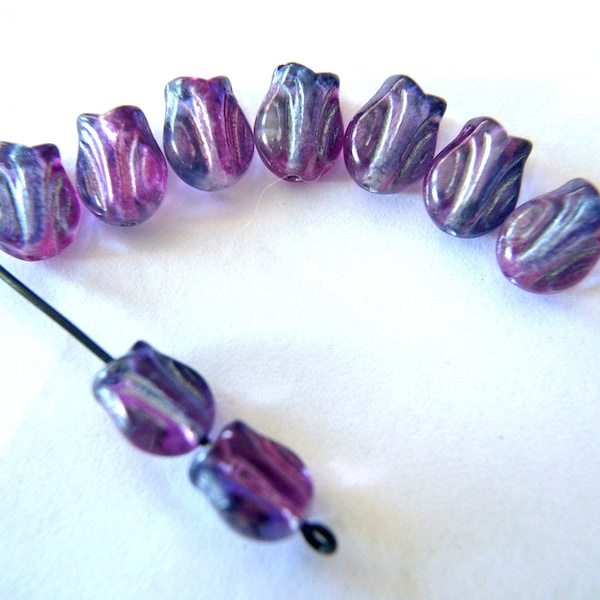 20 Tulip Czech glass beads 9mmx7mm purple with pink artisian translucent jewelry supply