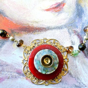 Necklace button jewelry, pendant made of antique large bakelite button on vintage metal filligree
