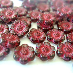 10 Flower beads, Czech glass flower beads deep red wash on black 13mm