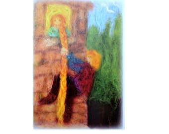 Rampuzel -SMALL PRINT-of my original needle felted wool tapestry-Greem's fairytale