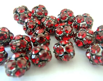 Rare Vintage Swarovski Crystal Ball Bead: 13mm Red Rhinestones, Brass Setting