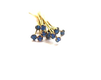 6 alfileres vintage Swarovski con cristales azules de 3 mm y longitud del cable de 32 mm.